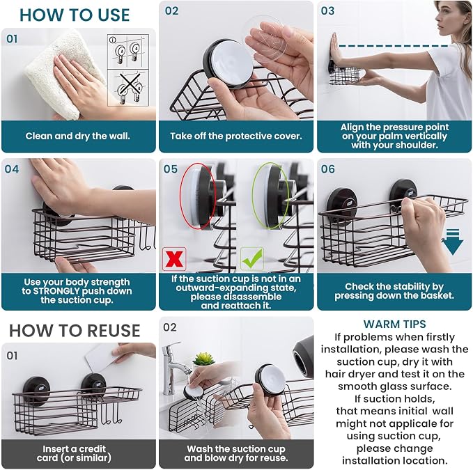 TAILI Shower Caddy Suction Cup with Hooks & Soap Holder, Heavy Duty Bathroom Shower Organizer, No Drilling Shelves for Inside Bathroom, Brown Metal Storage Holder