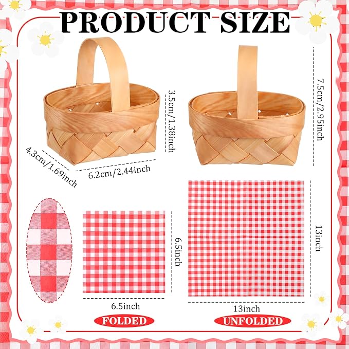 36 Pcs Summer Mini Woven Picnic Basket Party Favor Red White Gingham Paper Napkins Wood Chip Mini Flower Fruit Picnic Basket Chip for Summer Wedding Party Baby Shower Decoration (Small)