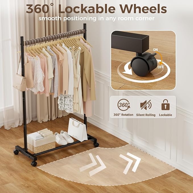 Black Clothing Rack for Hanging Clothes, Portable Rolling Clothes Rack with Wheels, Heavy-Duty Metal Garment Racks with Bottom Shelf, Large Load Capacity & Easy Assembly