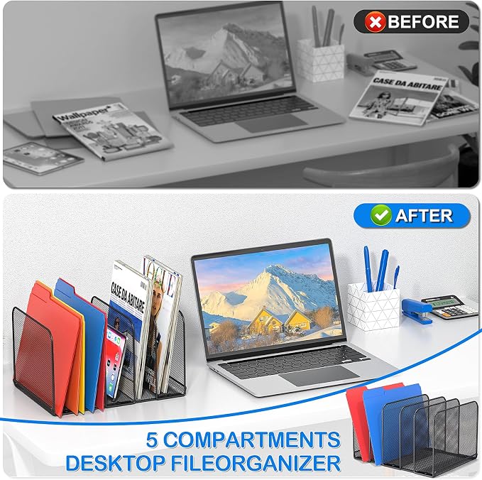 TOPCJ 5 Sections Desk File Holder/Rack/Sorter,Mesh File Organizer,File Folder Organizer,Metal Upright Desktop Organization for Documents,Magazine,Kitchenware,Antiskid,Antirust,Sturdy,1 Pack