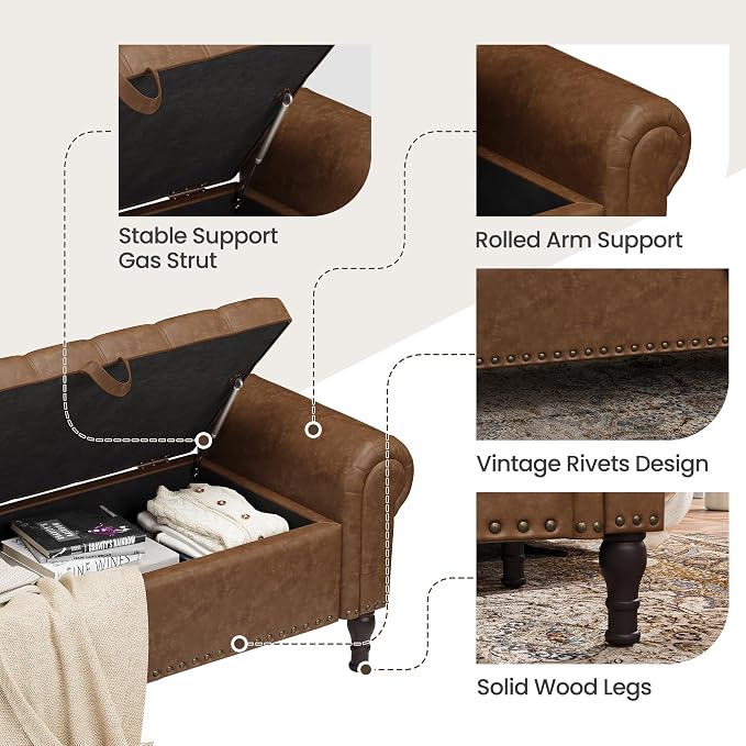YOUDENOVA 51" Entryway Bench with Storage, PU Leather End of Bed Bench with Tufted Button, Upholstered Ottoman Bench with Rolled Arms for Living Room, Storage Room, Bedroom, Brown