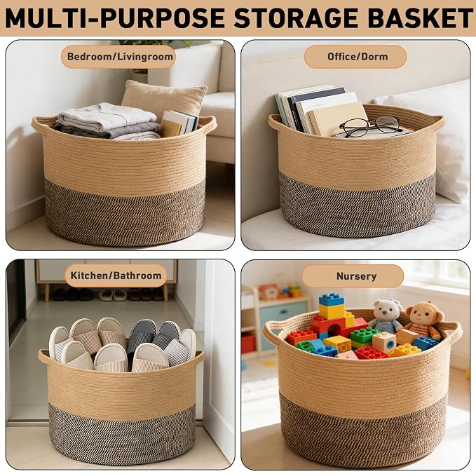 65L Large Blanket Basket,Rope Woven Laundry Baskets-Jute&Black | Collapsible, reinforced handles, nursery storage bin organizes clothes, toys and pillows for living room, bedroom bathroom