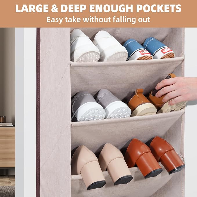 STORAGE MANIAC Over the Door Shoe Organizer Heavy-Duty Large Deep Pocket Hanging Shoe Organizer Shoe Rack Door Closet Shoe Organizer for Wall, Dorm & Narrow Door Storage Shoe Holder Oat Beige, 2 Pack