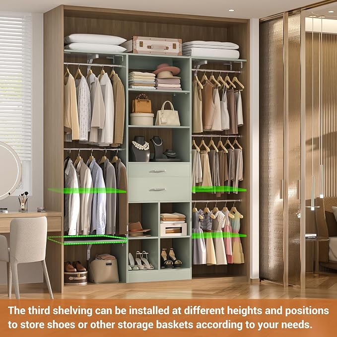 Small Closet System - 5FT Closet Organizer System with Wooden Drawers, 60 Inches Walk In Closet System With 5 Hanging Rods, Can Fit 1.58 to 6.8 FT with Reversible Hanging Shelving, Crab Green