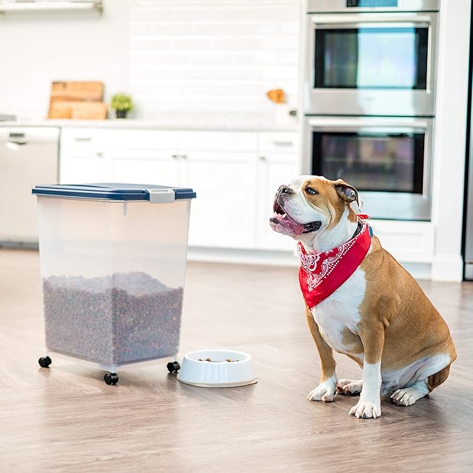 IRIS USA Dog Food Storage Container, Up to 54 Pounds, Attachable Wheels, For Dog Cat Bird and Other Pet Food Storage Bin, Keep Fresh, Easy Mobility - Made in USA, Navy