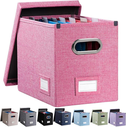 File Organizer Box - Set of 1 Collapsible Decorative Linen Filing Storage Hanging File Folders with Lids Office Cabinet Letter Size Pink (14x9.3x10.8 inch)