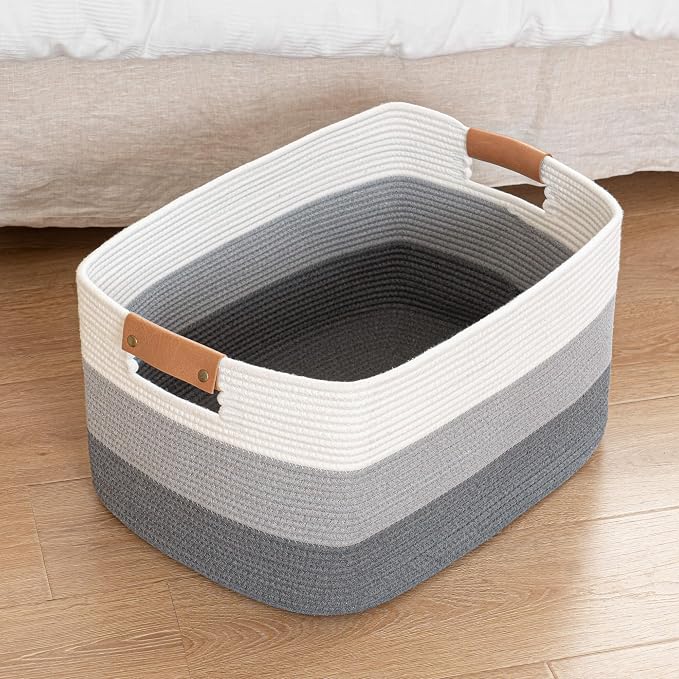 danpinera Rectangle Blanket Storage Basket, 50L Large Decorative Basket Living Room, Storage Bin with Handle, Woven Rope Hamper for Toy Organizing & Laundry, 18.11’’*14.17’’*11.81’’ Gradient Grey