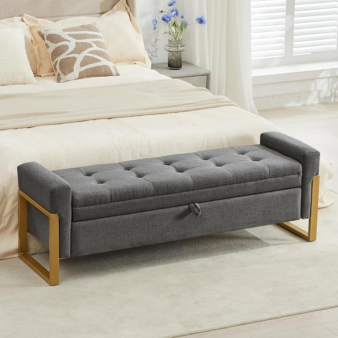 adochr 57" Storage Ottoman Bench, Upholstered End of Bed Bench, Dark Grey | Metal Legs & Button-Tufted, Linen Ottoman with Storage 500 lb Capacity for Living Room, Bedroom, Entryway