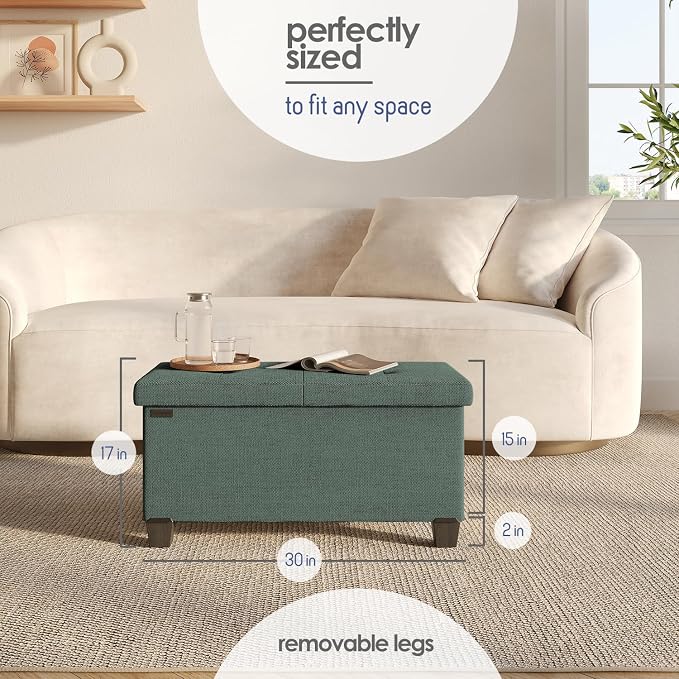 Storage Ottoman Bench with Bins, 30-in Storage Bench for Bedroom End of Bed, Folding Foot Rest Ottoman for Living Room Max 660lbs, Fabric Ottomans, Green