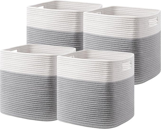 UBBCARE Set of 4 Storage Basket-13 X 13 X 13 in, Cotton Rope Basket for Shelves, Toys, Book, Cube Storage Bins with Handles, Woven Storage Basket for Organizing, White/Grey
