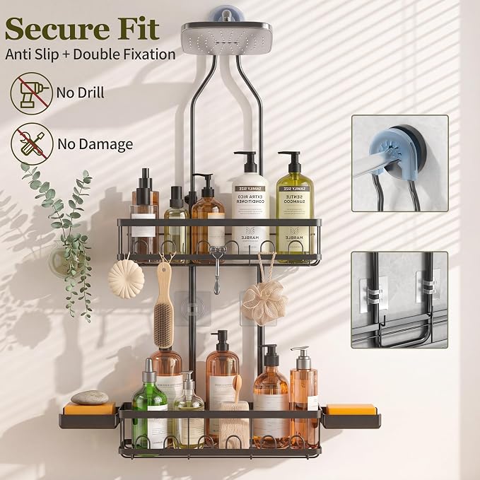 Skyapex Shower Caddy Hanging Over Shower Head, Adjustable, Black | Adjustable height fits tall bottles up to 18 inches; anti-sway design holds 40 lb; quick-drain steel; includes 2 soap trays.