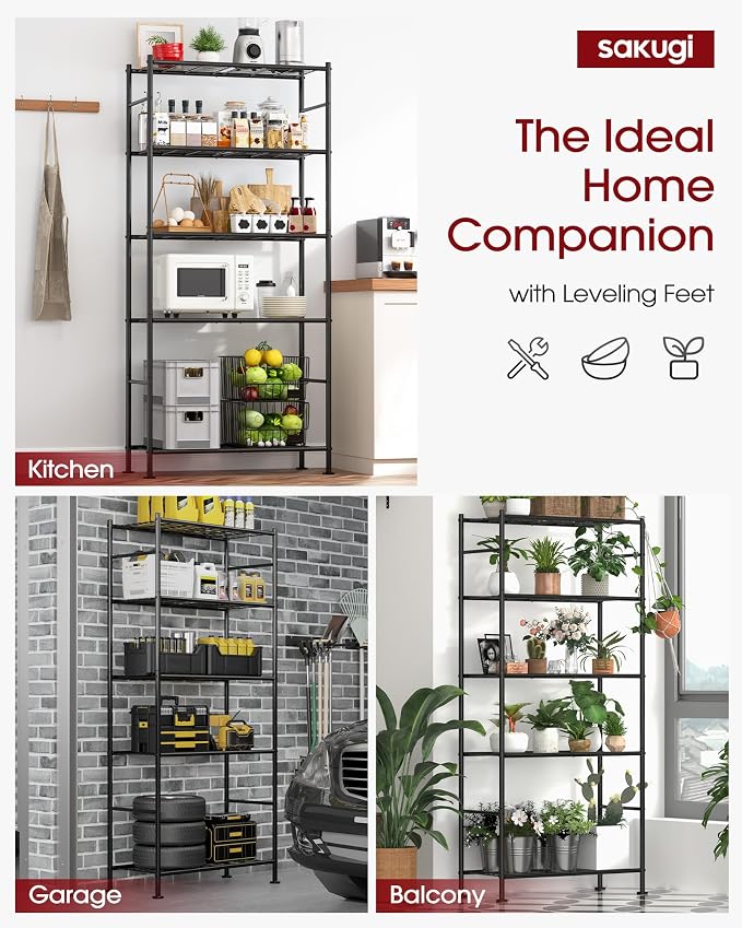 Sakugi 5-Tier Storage Shelves 33.1" x12.6" x73.5" Black with Wheels | Kitchen, Closet, Pantry, Garage, Heavy Duty, Adjustable Feet, Metal Construction