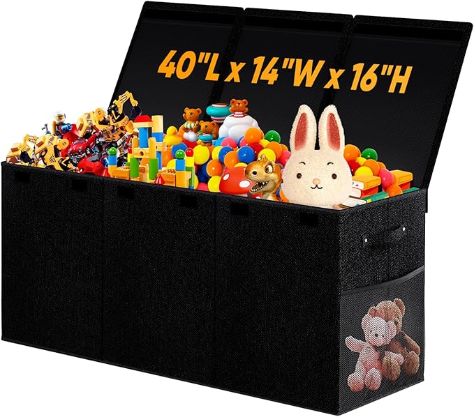 Large Toy Storage Box with Lid, Dividers, Collapsible Kids Toy Chest, Black | Toy Box for Boys, Girls, Nursery, Bedroom, Living Room, Playroom, 40X14X16 inches