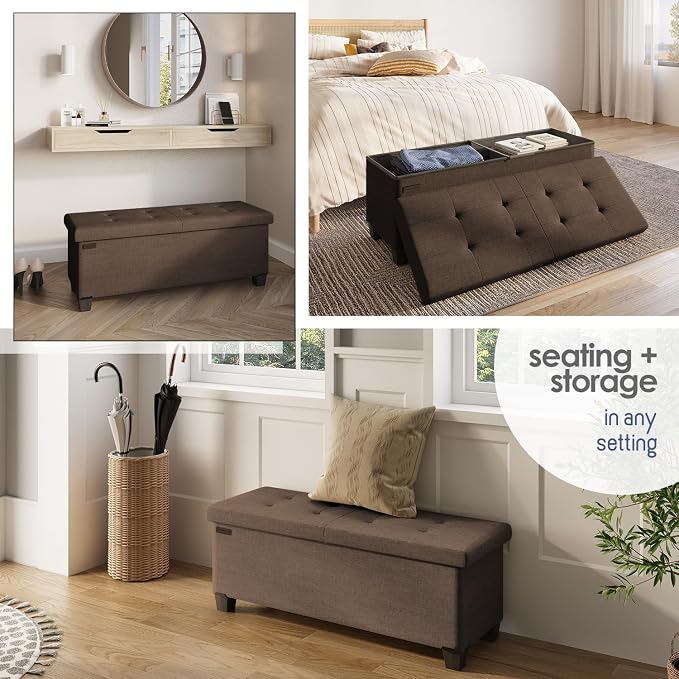 Storage Ottoman Bench with Bins, 43-in Storage Bench for Bedroom End of Bed, Folding Foot Rest Ottoman for Living Room Max 660lbs, Fabric Ottomans, Brown