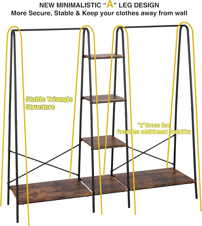 Finnhomy Clothes Rack for Hanging Clothes Freestanding Clothing Rack with 6 Wood Storage Shelves & 2 Rods Heavy Duty Garment Rack Portable Wardrobe Closet Organizer for Bedroom Closet Boutique,Rustic