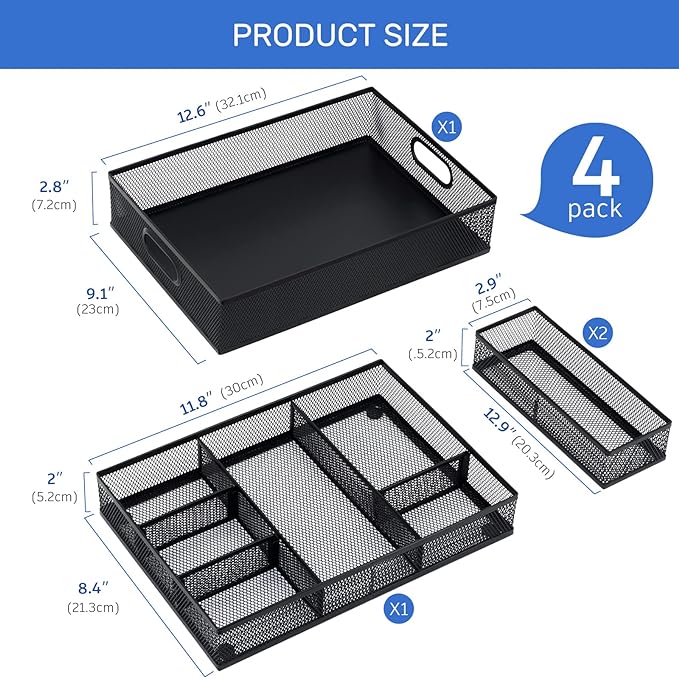 Neudeco Desk Drawer Organizer, 4 Pack Metal Mesh, Black | Adjustable Dividers, Stackable, Pen Organizer, Office Supplies Organizer
