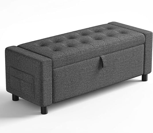 Amada 46" Ottoman with Storage, Side Pocket, Safety Hinge, Dark Gray | 30 gallon (112 liter) hidden storage, holds 400 lbs, 0.35" thicker wood panels, 3.14" thick foam, for end of bed, living room