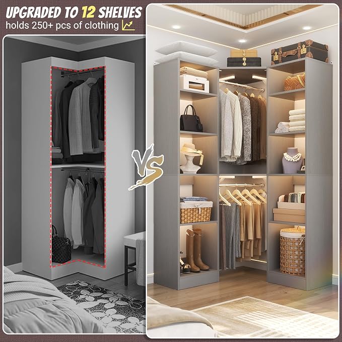 Besiost Corner Closet System with 12 Shelves, 39.2" Corner Organizer | L Shaped Closet with 2 Hanging Rods, Versatile 6-Tier Walk-in Closets for Corner Space, Grey (39.2" L x 39.2" W x 80" H)