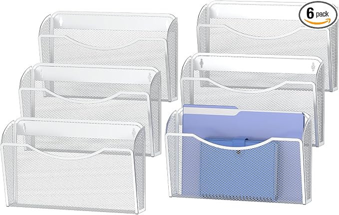 MINDEPOT Wall File Organizer, Hanging Wall File Holder, 6 Pack, Silver | Heavy Duty Iron, Metal Mesh Wall Mount, Single Pocket, Mail Organizer, for Office School Classroom Home, Letter A4 Size