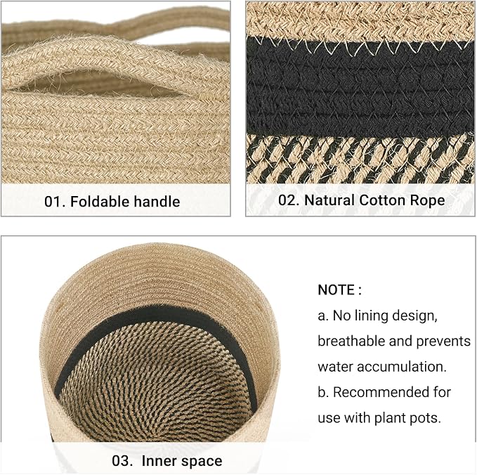 Dahey Plant Basket Indoor for 10 inch Pot Woven Jute Planter, Black | Fits 8"-10" Planters, Reinforced Structure, Foldable Laundry Bin with Handles, Jute Cotton Rope, Decorative Flower Pot Cover