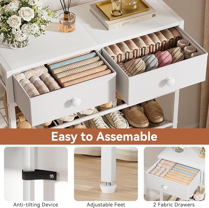 5 Tier Shoe Rack with 2 Drawers, 16-20 Pairs Greige | Holds 16-20 pairs. 2 drawers for socks/keys. Removable layer for boots. Anti-tip kit included. Quick assembly.