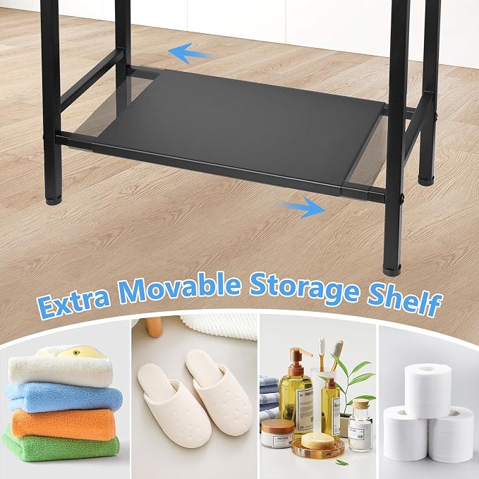 Free Standing Towel Racks for Bathroom, 3 Tier Towel Drying Rack with Movable Storage Shelf, Tall Metal Towel Rack Stand for Outdoor Pool, Black