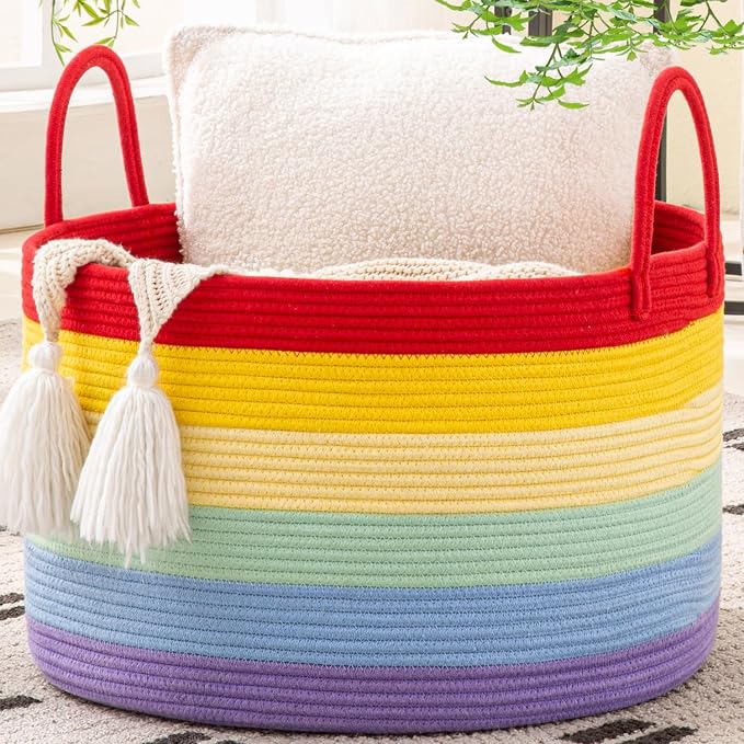KAKAMAY Large Blanket Basket with Handles, Storage Basket for Living Room | Extra Large Capacity | Natural Cotton Rope | Blanket Storage | Woven Storage Basket | Stuffed Animal Storage | Laundry Basket