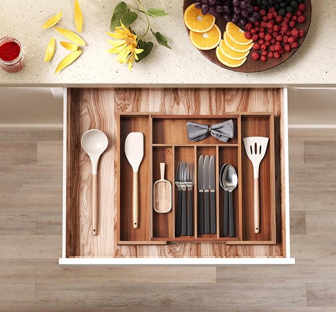 Fibogollo Expandable Acacia Wood Silverware Organizer，5-7 Slots | Adjustable Drawer Organizer,Flatware and Utensils Organizer Tray,Utensil Holder（10.2-16.1 x 13.8 x 2 inch）