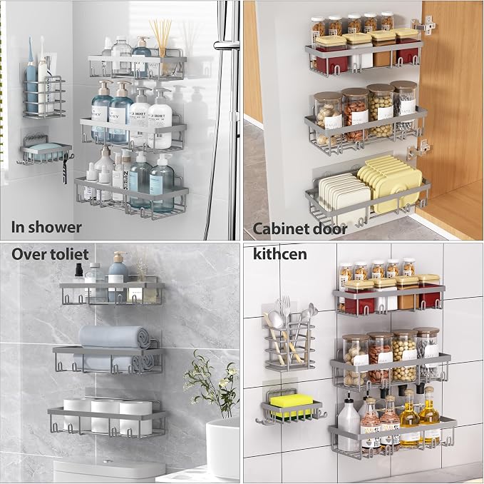 Liuoud 10 Pack Shower Caddy Organizer Rack Shelf for Inside Shower, Self Adhesive Wall Storage Basket Rustproof Stainless Steel Shampoo Holder Bathroom Accessory Decor Set, Grey