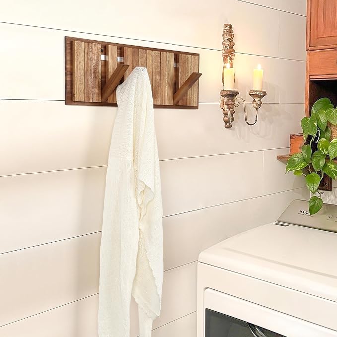 Wall Coat Rack for Entryway: Folding Wood Rustic 8 Hooks | 16.5inch Piano Hanger for Small Space Bathroom Hallway for Towel Backpack Jacket - Farmhouse Design Decor (Neat Style)