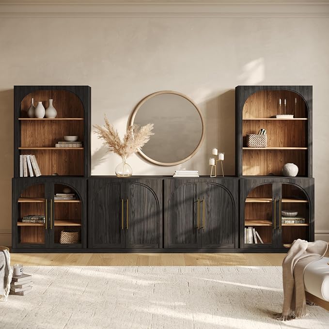 BELLEZE 6-Piece Modular TV Stand Set - 2 Double-Arc Wood Door Sideboards, 2 Arched Glass Door Sideboards, 2 Hutch Cabinets, Classic Modern Media Console with Adjustable Shelves for Living Room, Ebony