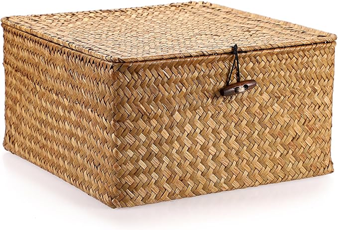 Hipiwe Handwoven Seagrass Basket Bin Square Household Storage Container with Lid Wicker Shelf Basket Bin for Bookshelf Living Room Bath Room, Large Caramel