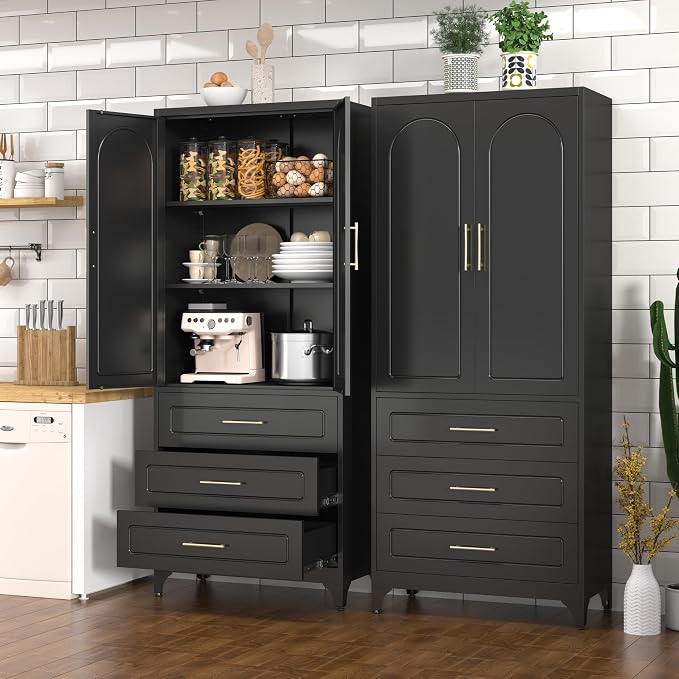 Polup 75" Tall Black Metal Pantry Storage Cabinet with 3 Drawers | Heavy-Duty Steel Kitchen Cabinet, 2 Adjustable Shelves & Magnetic Doors, Leveling Feet, for Dining Living Room, Laundry