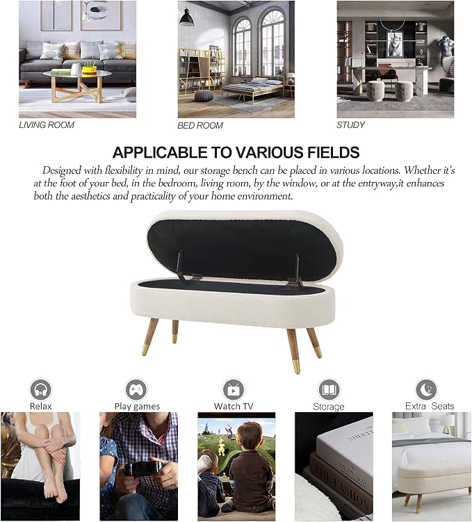 IAFIKE Oval Storage Bench 43.5" Ottoman Bench Upholstered Boucle Fabric Footrest Bench with Golden Metal Legs End of Bed for Bedroom, Living Room, Entryway,Bed Side (Beige)