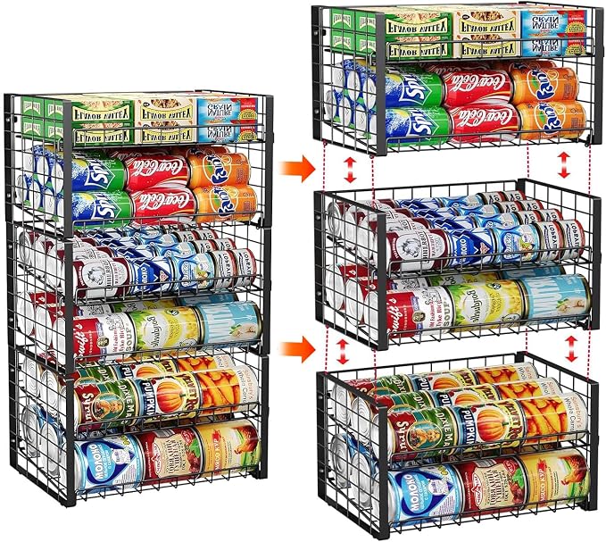 JKsmart 2-Tier Stackable Rack Organizer for Pantry, Adjustable Dispenser Holds Up to 88 Cans, Storage Holder for Various Ounces of Canned Drinks, Black, 3 Pack