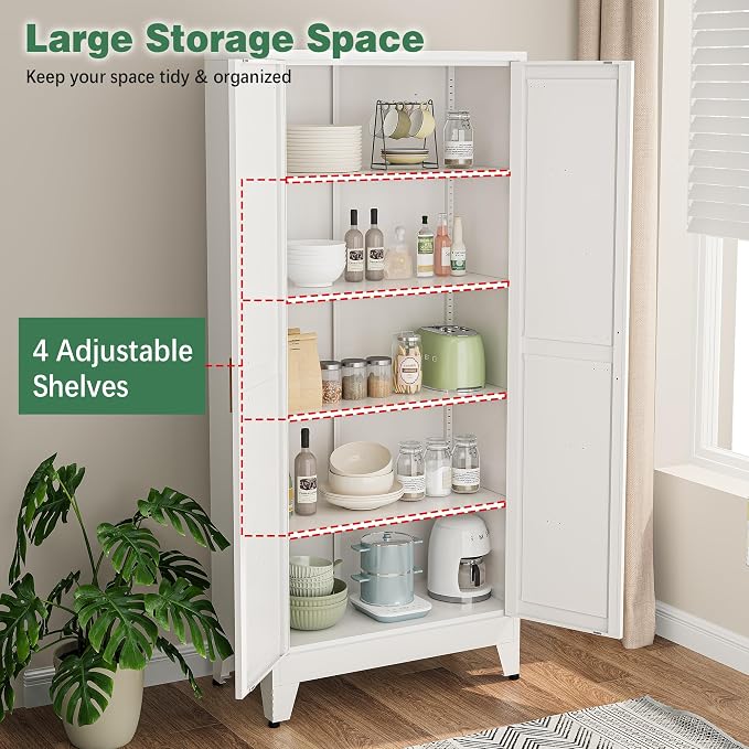 Bevivog 71" Kitchen Pantry Cabinet, Metal Storage Cabinet with 2 Doors and 4 Adjustable Shelves, Farmhouse Tall Food Cabinet Pantry Shelves Storage for Kitchen, Home Office, Living Room, Laundry