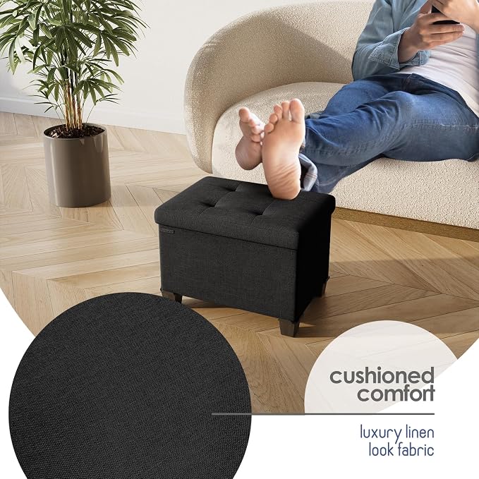 Storage Ottoman Cube with Small Bin, 16-in Square Ottoman with Storage for Living Room and Bedroom, Small Ottomans Foot Rest, Fabric Foot Stools Ottomans Max 330lbs, Black