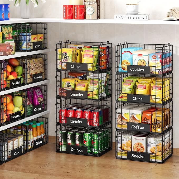 JKsmart 4 Pack XL Stackable Wire Baskets, Pantry Organizers and Storage | Pantry Baskets with Handles and Name Plates, Muti-Purpose for Snack Organizer & Vegetable Basket & Fruit Basket & Snack Rack