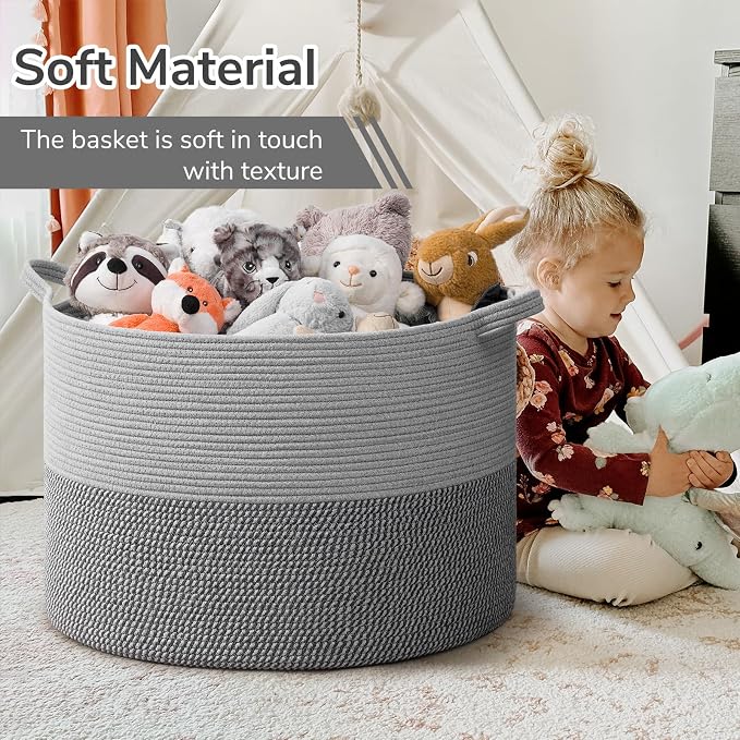INDRESSME 115L Extra Large Woven Rope Blanket Basket Living Room, Grey | 23.6" x 15.7" Storage baskets for toys laundry & pillows. Fits living room, bedroom or nursery décor. Soft-touch with handles