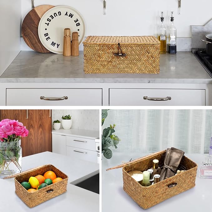 Hipiwe Small Woven Shelf Baskets Bin with Lid Seagrass Wicker Storage Box | Handmade Seagrass Basket Organizer Rectangular Household Basket Boxes for Shelf Wardrobe Home Decor, Caramel