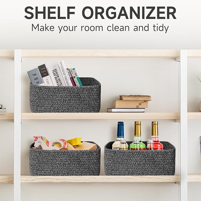 3-Pack Shelf Baskets for Organizing, Closet Organizer Bins, Small Woven Baskets, Rope Toy Basket, Storage Basket for Shelves, Cube Decorative Box, 11.8×7.8×5.1”, Mixed Black