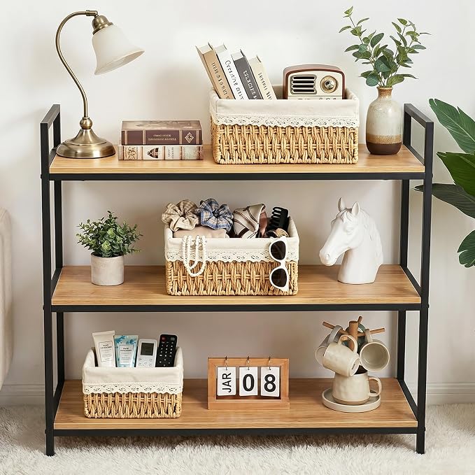 Wicker Storage Baskets Set of 3, Handwoven Paper Rope Organizer Bins with Removable Floral Liner, Small Medium Large for Bathroom, Pantry, Shelf, Countertop, Closet (Camel, L+M+S)