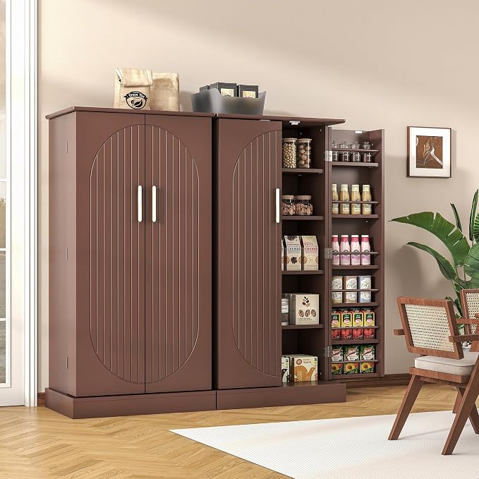 kepptory 47" Kitchen Pantry Cabinet with Doors and Adjustable Shelves, Freestanding Pantry Storage Cabinet, Farmhouse Buffet Cupboard for Kitchen, Dining Room, Living Room, Grey (Brown)