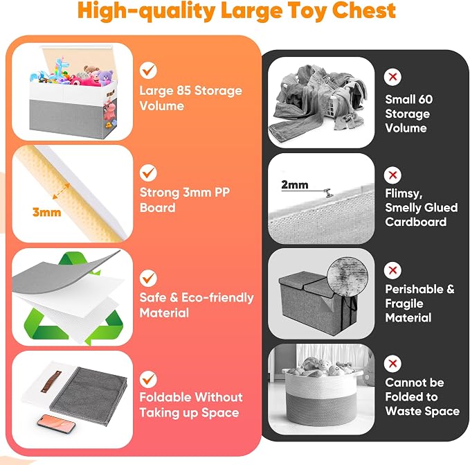 Large Toy Box, Collapsible Toy Storage Chest Bin With Lids, 25"x13"x16" | Sturdy Kids Storage Organizer with 2 Pockets and Dividers, Playroom Bedroom Nursery Organization, White & Gray
