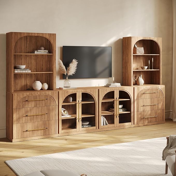 BELLEZE 6-Piece Modular TV Stand Set - 2 Sideboards with Drawers, 2 Arched Glass Door Sideboards, 2 Hutch Cabinets, Classic Modern Media Console with Adjustable Shelves for Living Room (Camel)