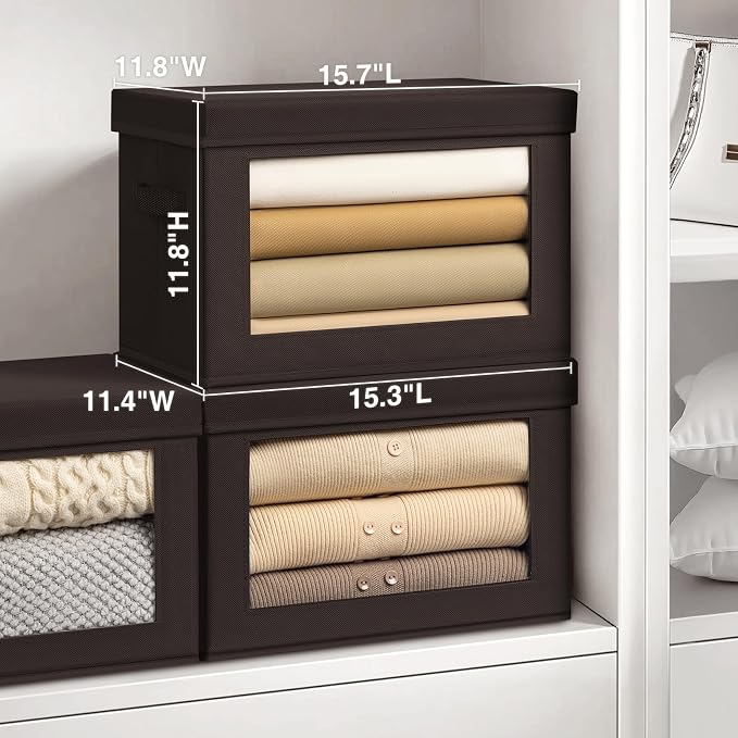 Homsorout Stackable Storage Bins with Lids - Large Storage Box with Lids, Foldable Closet Boxes for Organizing, Wardrobe Clothes Organizer with Window, Cubes Bins for Living Room, 4 Pack, Brown