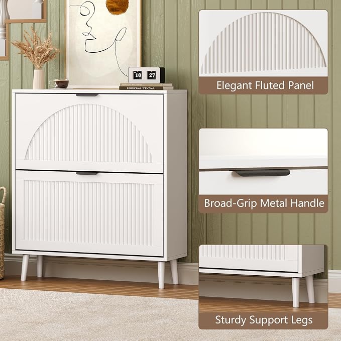 BORNOON Shoe Cabinet for Entryway with 2 Flip Drawers, Slim Wooden Shoe Storage Organizer with Modern Fluted Pannel，Freestanding Narrow Hidden Shoe Rack for Hallway, Foyer, Living Room