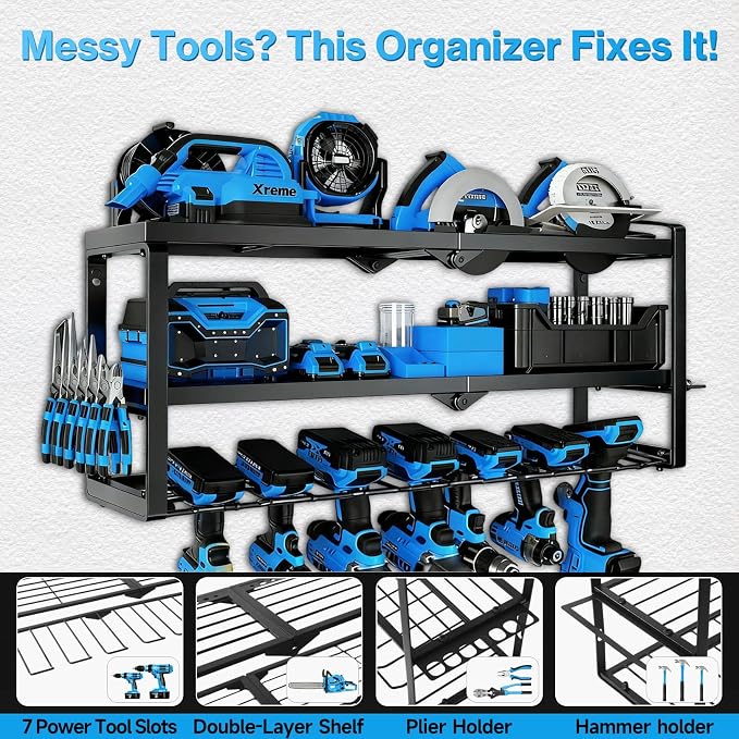Heavy Duty Power Tool Organizer Wall Mount - 3 Tier Metal Tool Rack with 7 Drill Holders, 300LB Capacity for Garage, Workshop, Pegboard Storage