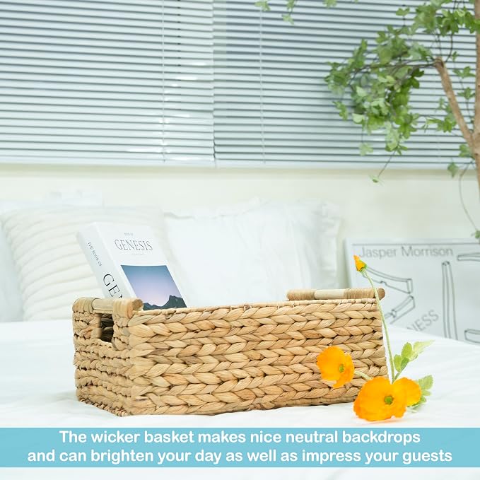 VATIMA Hyacinth Large Wicker Basket 15.5x10.8x6.2" | Rectangular, Wooden Handles, Shelf Organizer