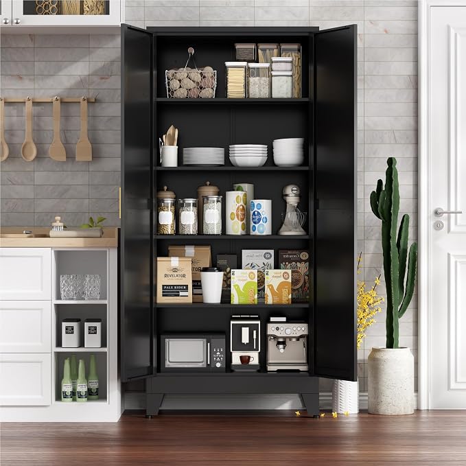 Farmhouse Pantry Cabinet with Barn Doors, 71" H x 31.5" W, 5-Tier Metal Storage Cabinet with 4 Adjustable Shelves for Kitchen Garage Dining Room, Black 1 Pack